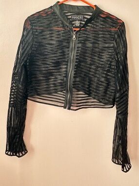 Mandee Black Sheer Cropped Jacket Women Zip Front Mesh Striped Y2K Edgy Top